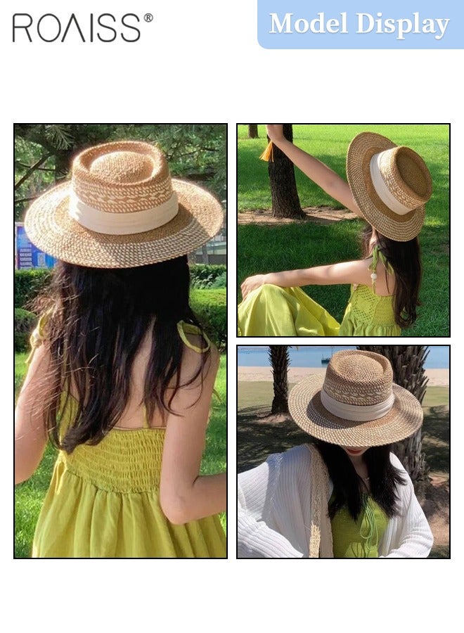 Women's Retro Wide-brimmed Flat Straw Hat, Sun Protection Panama Round Hat, Summer Beach Hat Suitable for Seaside Vacation Travel