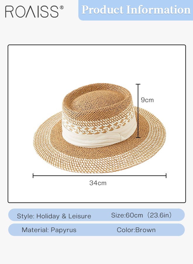 Women's Retro Wide-brimmed Flat Straw Hat, Sun Protection Panama Round Hat, Summer Beach Hat Suitable for Seaside Vacation Travel