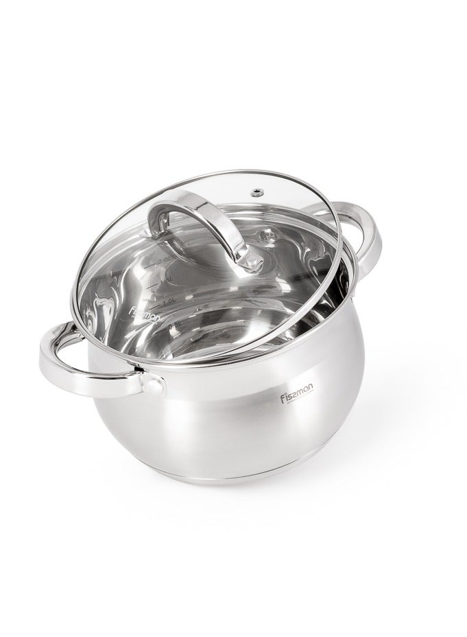 Stockpot with Glass Lid 16x10.5cm / 2.1 Liter with Measuring Mark, Stainless Steel Stockpot Felina Series