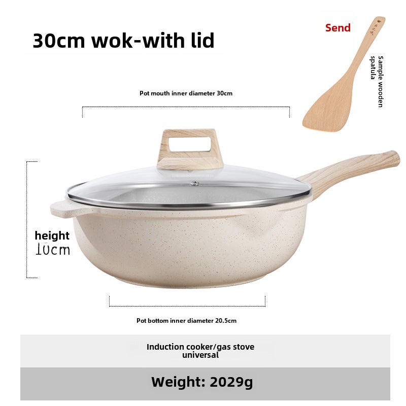 Non-Stick Maifan Stone Wok Home Use German 30cm khaki gold frying pan (with lid) with Beech shovel