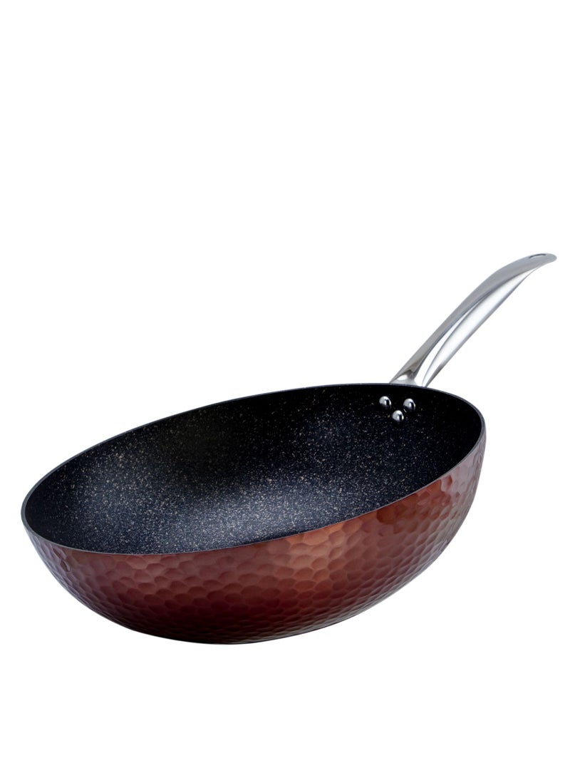 Aluminium Copper Hammered Wok with Induction Bottom and Marble Coating Inside