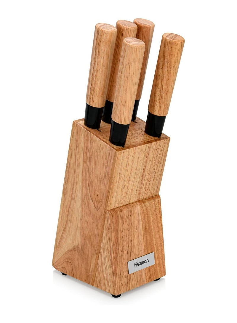 6-Piece Kitchen Knife Set with Wooden Block, Stainless Steel  Pascual Series Chef Knife, Slicing Knife, Bread Knife, Utility Knife, Paring Knife