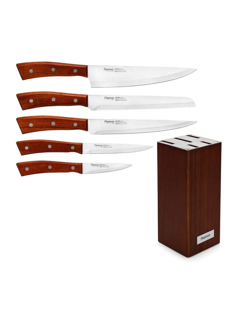 6-Piece Kitchen Knife Set with Wooden Block, Stainless Steel Pascual Series Chef Knife, Slicing Knife, Bread Knife, Utility Knife, Paring Knife