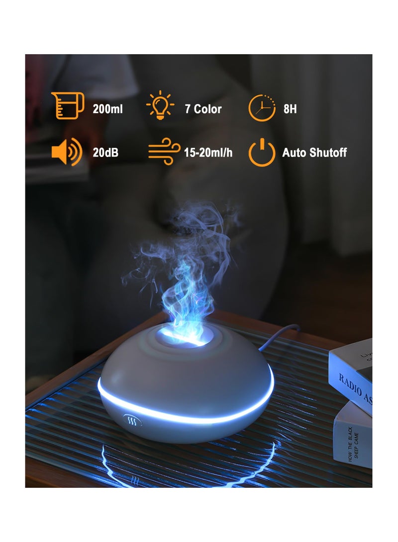 Flame Essential Oil Diffuser, 200ML Ultrasonic Aromatherapy Mist Humidifier with Mute Design, Waterless Auto Shut Off, 7 Soothing LED Lights for Office, Home, and Bedroom Ambiance, White