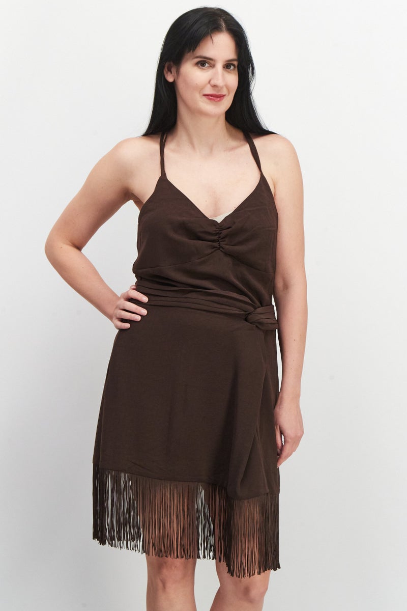 Women Textured Midi Casual Dress, Brown