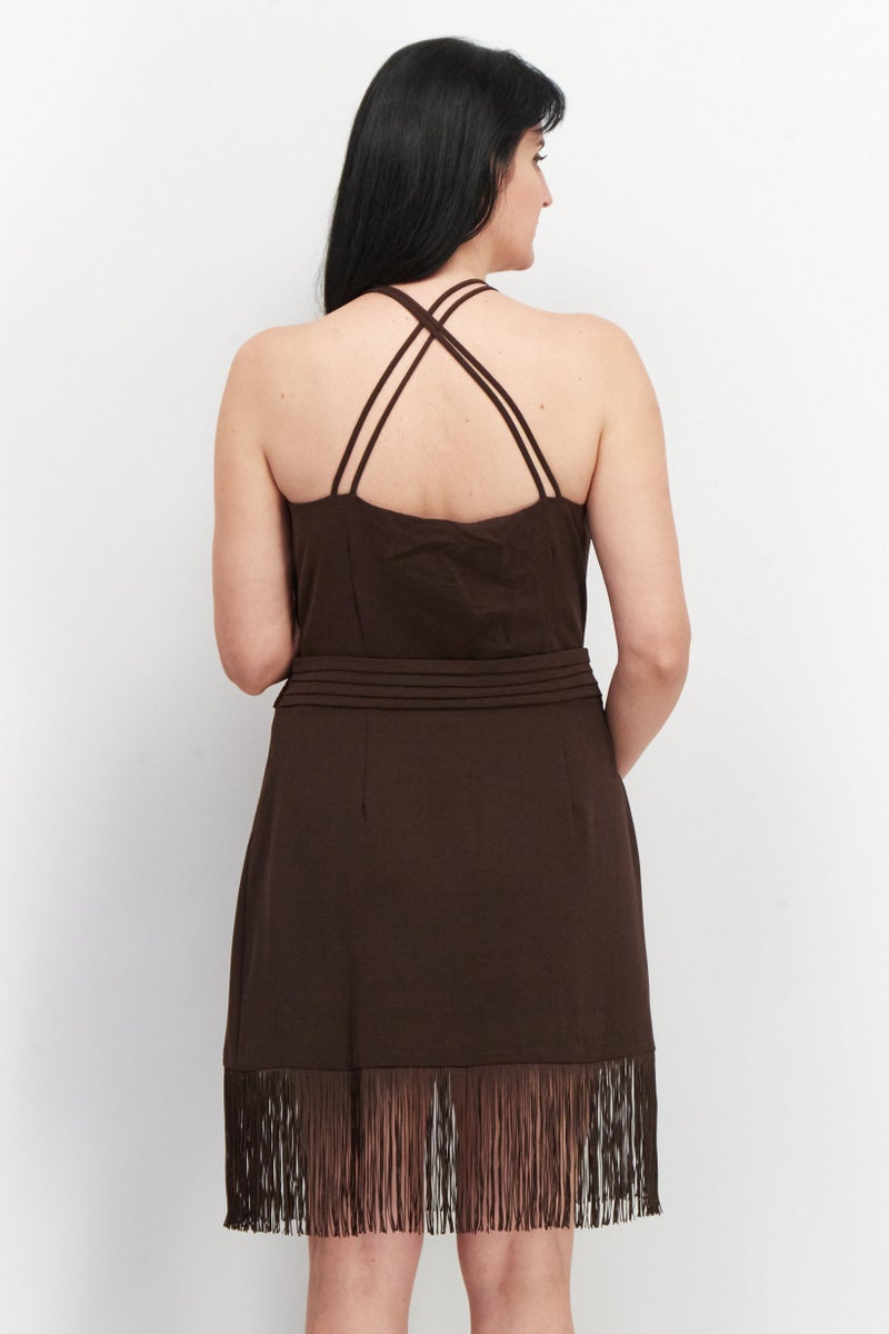 Women Textured Midi Casual Dress, Brown