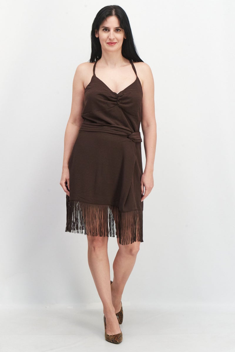 Women Textured Midi Casual Dress, Brown