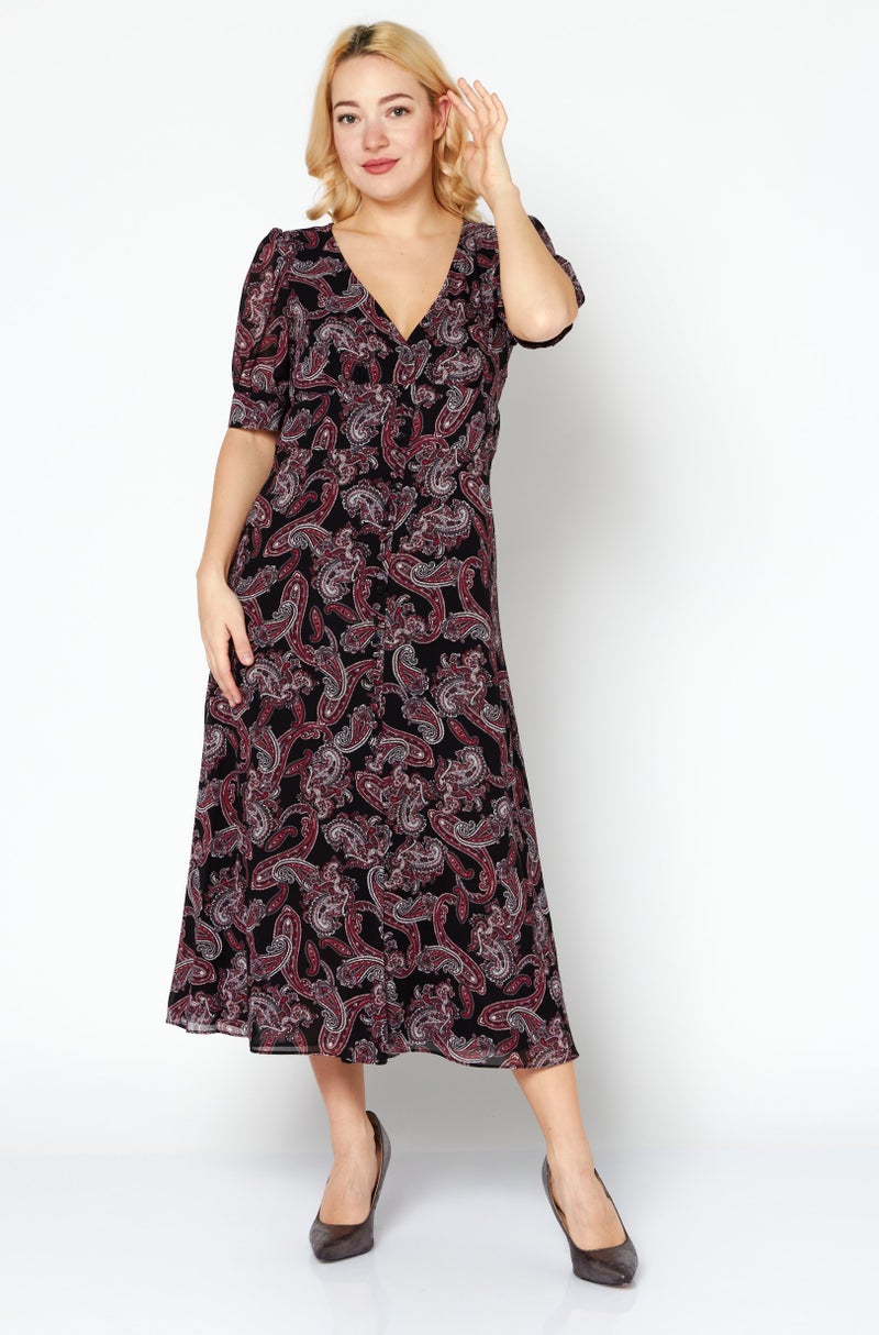 Women Allover Print Short Sleeves Casual Maxi Dress, Black