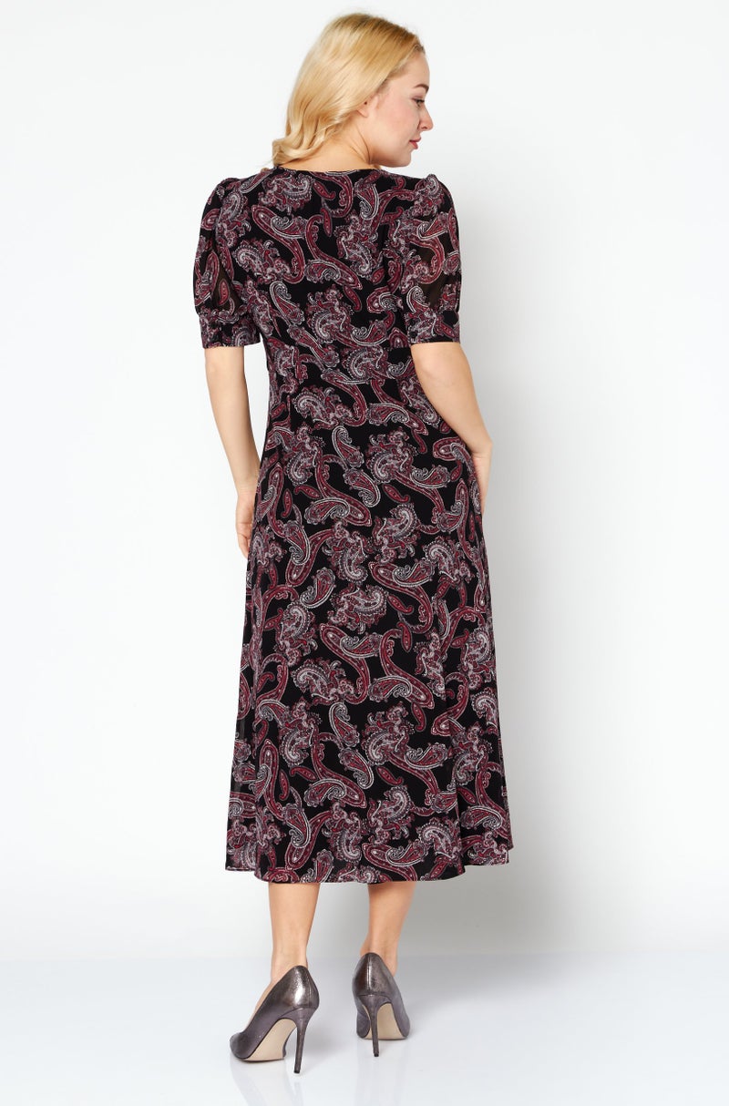 Women Allover Print Short Sleeves Casual Maxi Dress, Black