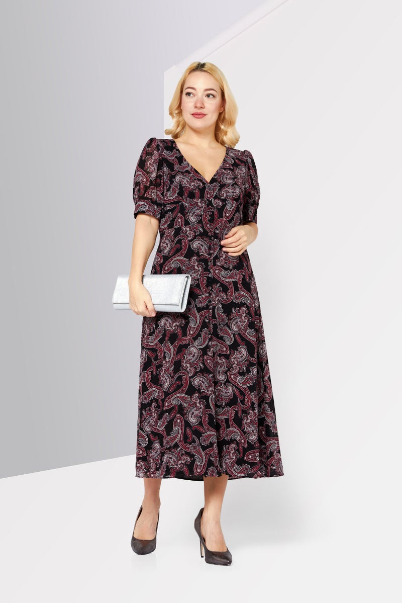 Women Allover Print Short Sleeves Casual Maxi Dress, Black