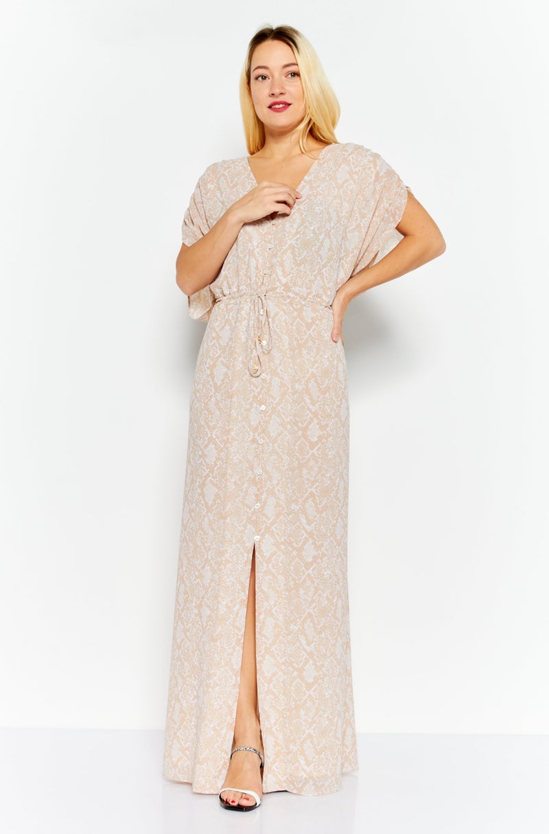 Women All Over Print Maxi Dress, Beige