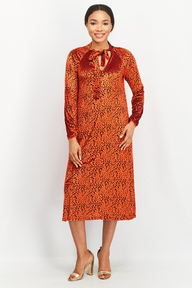 Women V Neck Long Sleeve All Over Printed Midi Dress, Red