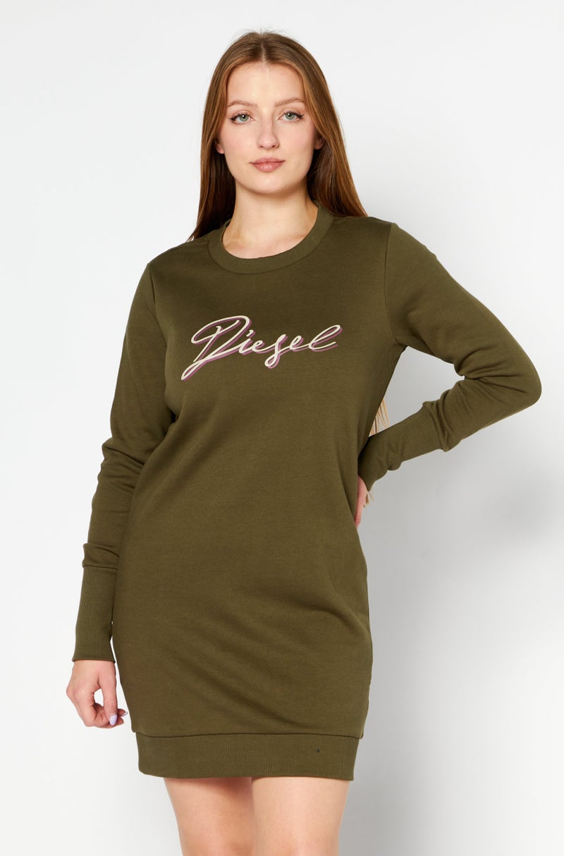 Women Crew Neck Long Sleeves Brand Logo Sweater Dress, Olive