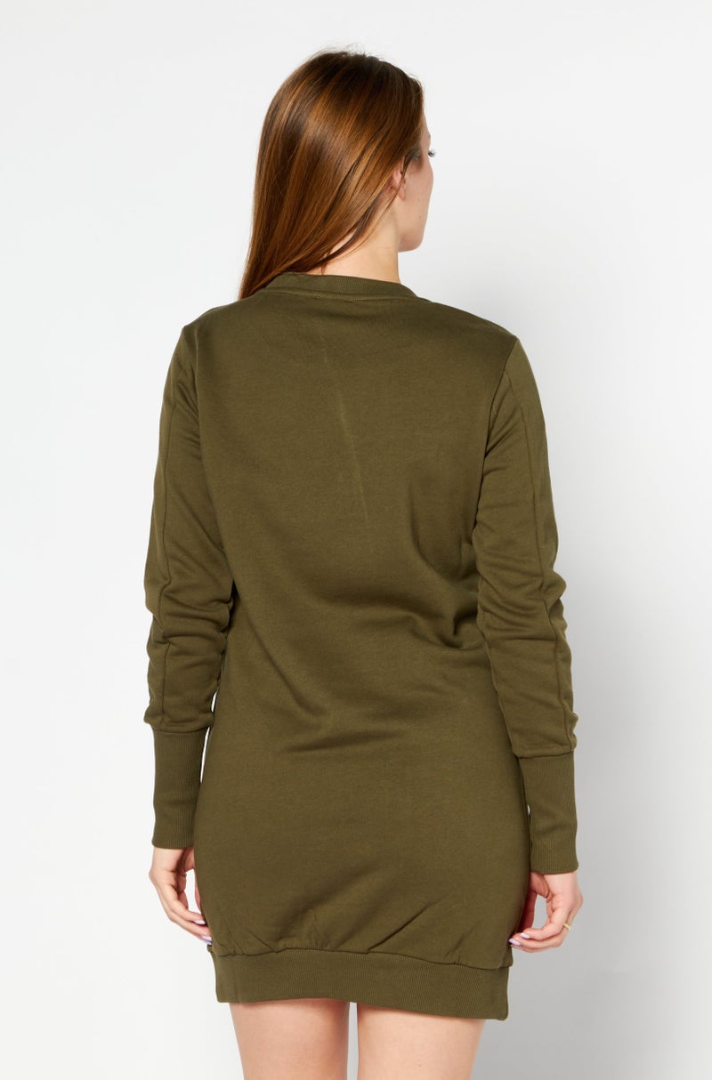 Women Crew Neck Long Sleeves Brand Logo Sweater Dress, Olive