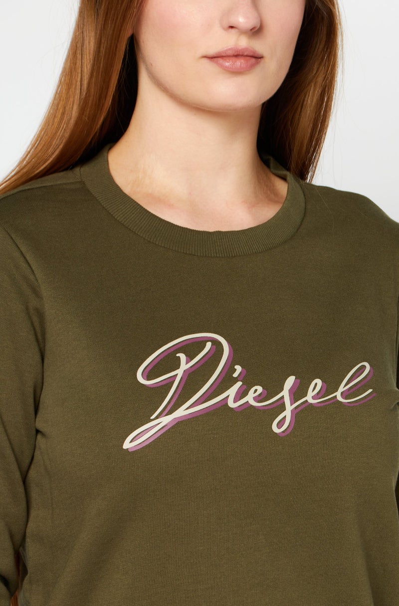 Women Crew Neck Long Sleeves Brand Logo Sweater Dress, Olive