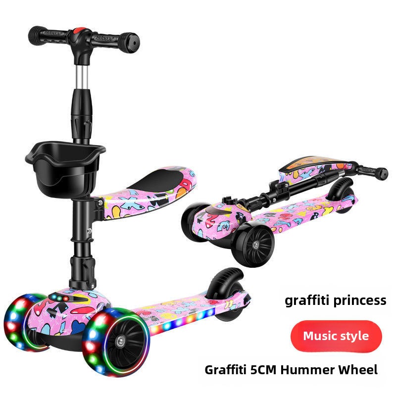 3-in-1 Kids Scooter for Ages 1-12 B graffiti Princess Flash 5cm Hummer wheel + seat music