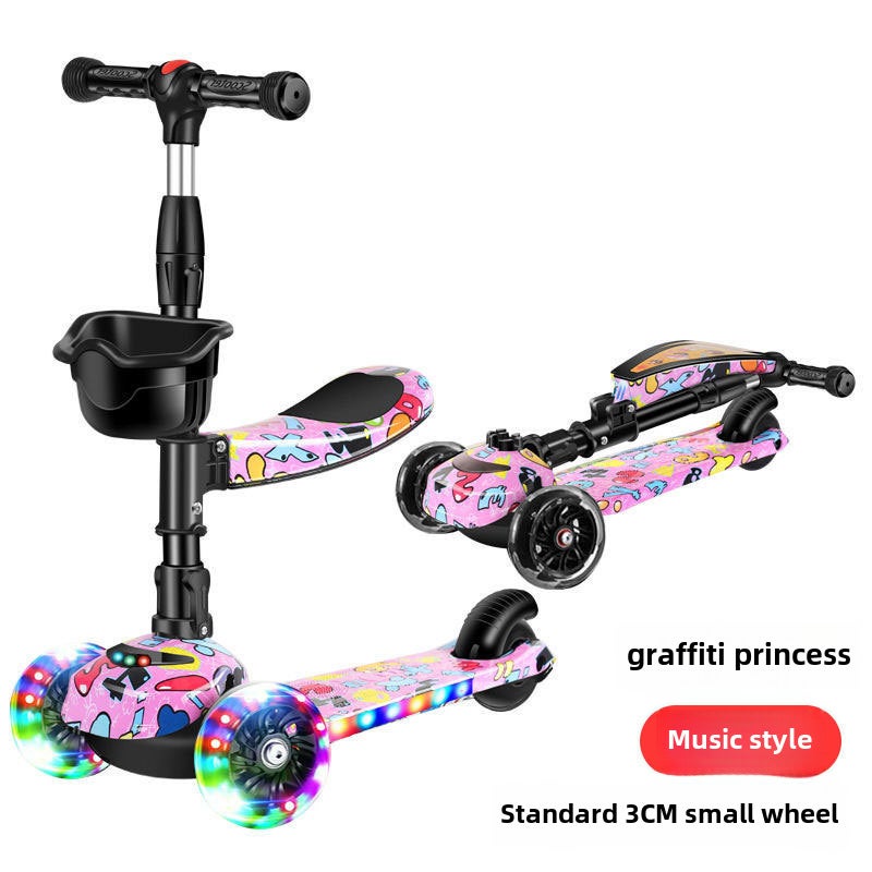 3-in-1 Kids Scooter for Ages 1-12 B graffiti Princess flash wheel + seat music