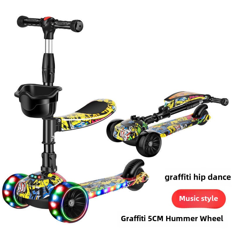 3-in-1 Kids Scooter for Ages 1-12 B graffiti street dance Flash 5cm Hummer wheel + seat music