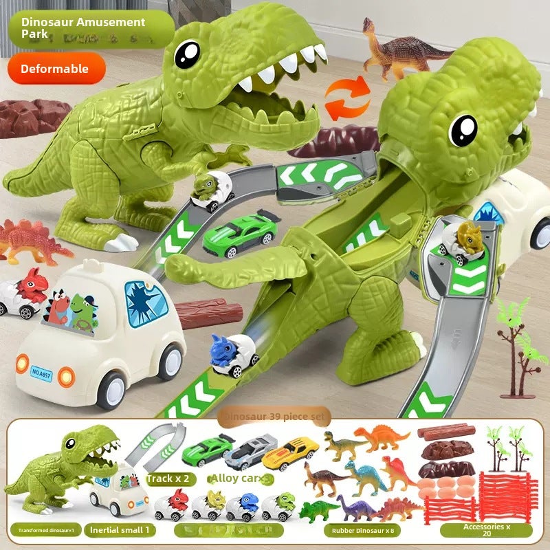 Jumbo Dinosaur Transformer Track Toy Set Light green [standard inertia forward] 7 cars +8 dinosaurs +20 scenes