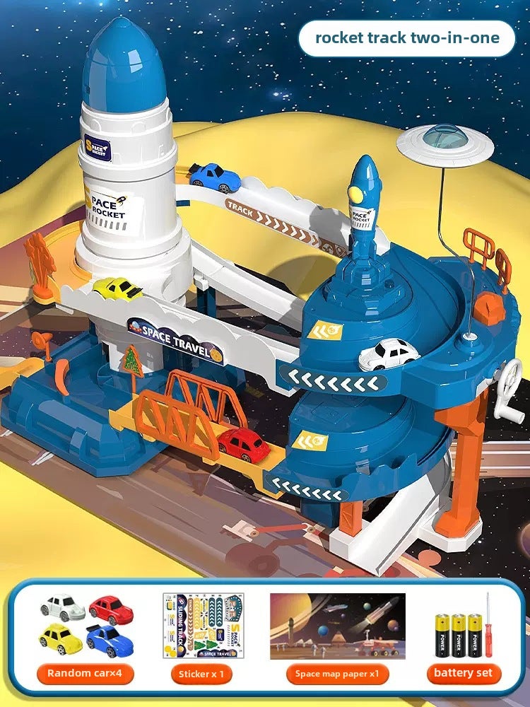 Kids Adventure Track Car Toy Set [Rocket-Track 2 in 1] 4 Cars + Map + Sticker [E-Commerce Box]]