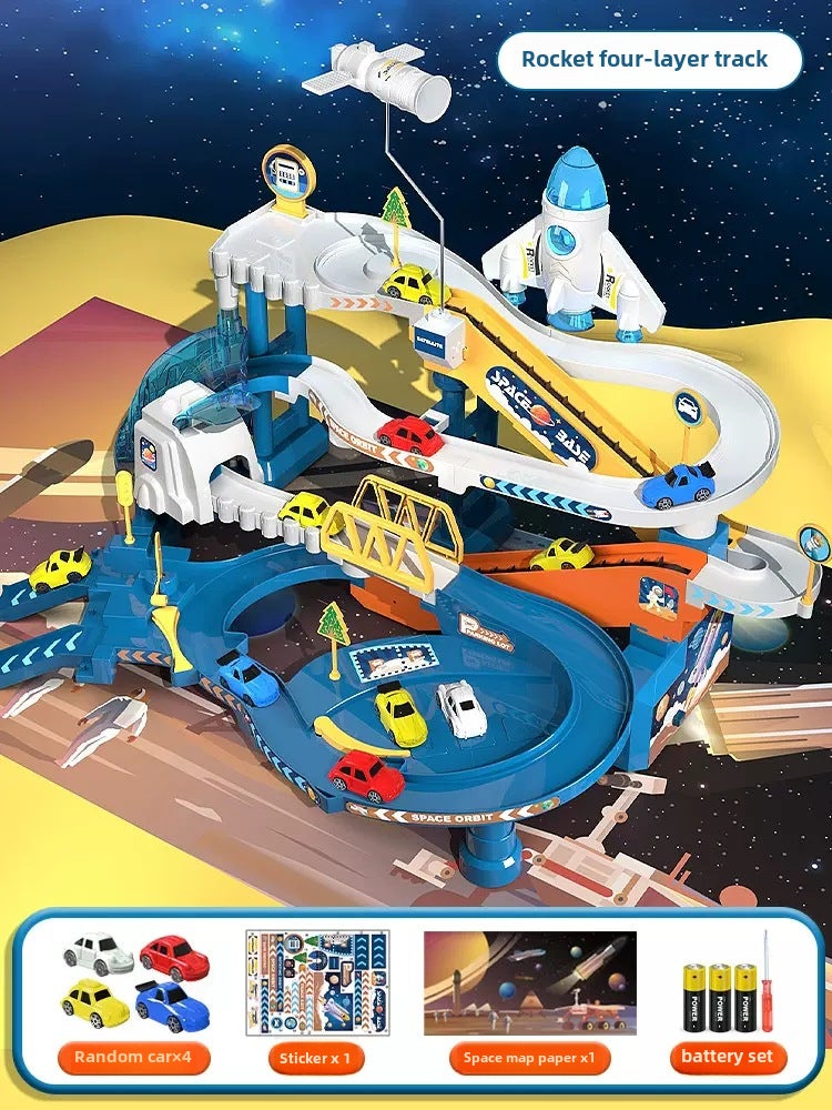 Kids Adventure Track Car Toy Set [Rocket -4 Track] 4 Cars + Map + Sticker [E-Commerce Box]]