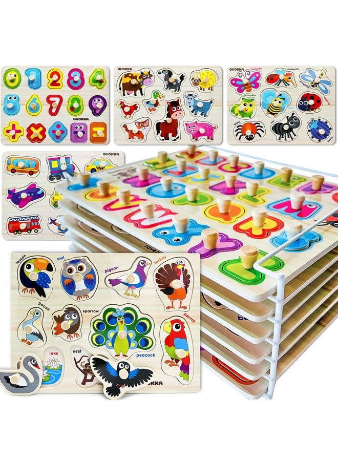 Wooden Puzzles For Toddlers 1-3 - 6Xset Toddler Puzzles Ages 2-4 With Rack - Learning Alphabet, Numbers And Animals Toy Puzzles For Toddlers 3-5 - Wood Games Gift For Boys And Girls