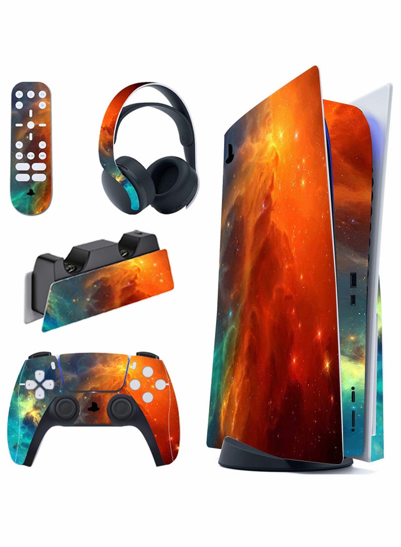 Complete Skin Set for PlayStation 5 Disc Version, Vinyl Decal Cover for PS5 Controller, Charging Station, Headset, and Media Remote in Red Galaxy