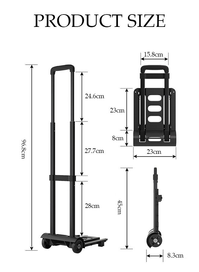 Beauenty Folding Hand Truck, Luggage Trolley, Portable Cart with Rubber Wheels and Telescoping Handle, Three sections of pull rod can be adjusted, for Home, Shopping, Moving