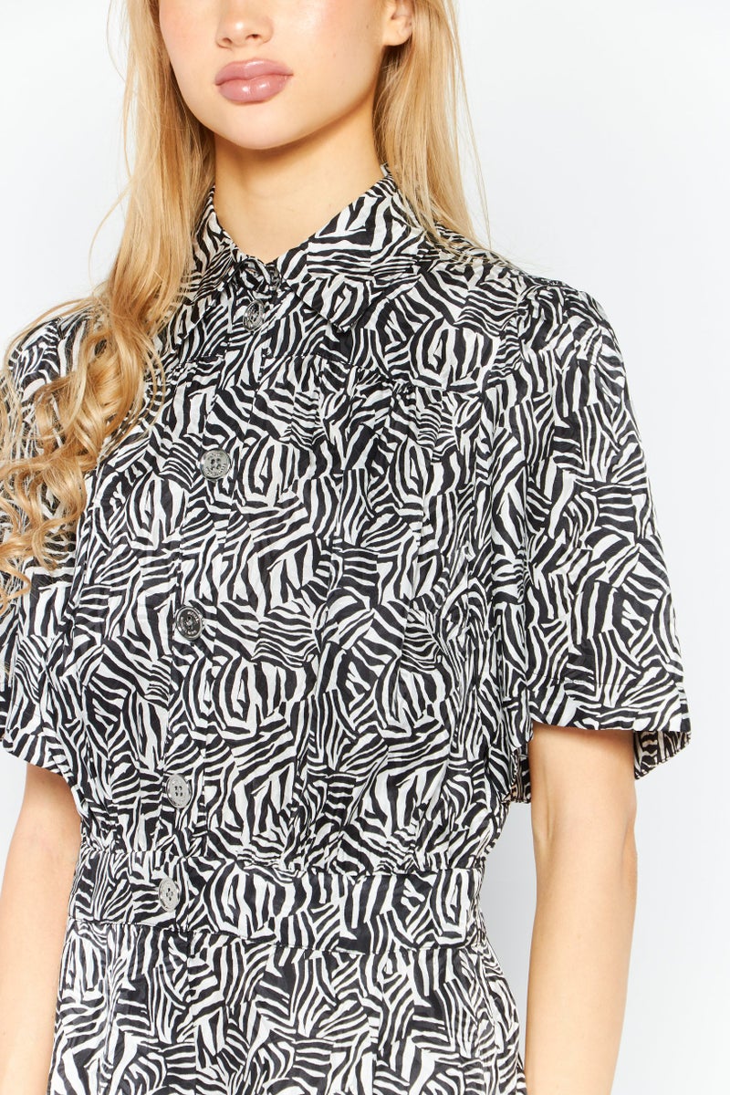 Women Allover Print Short Sleeve Playsuit, Black