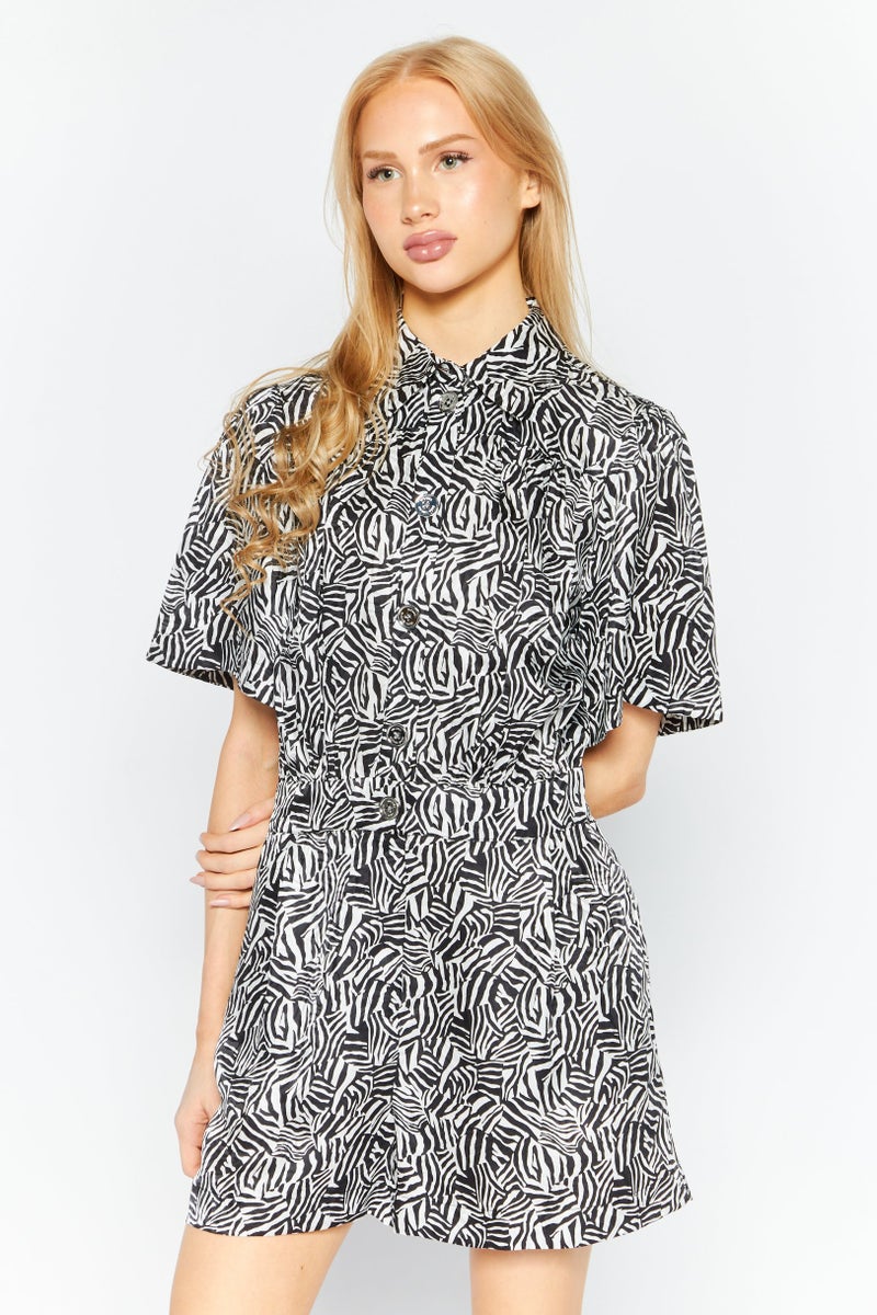Women Allover Print Short Sleeve Playsuit, Black