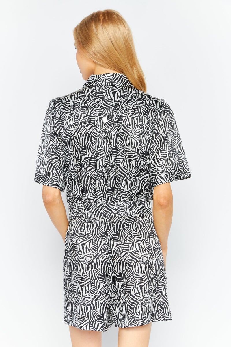 Women Allover Print Short Sleeve Playsuit, Black