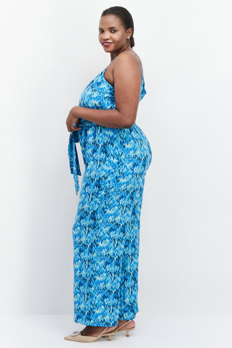 Women Plus Size Sleeveless Abstract Print Jumpsuits, Blue Combo