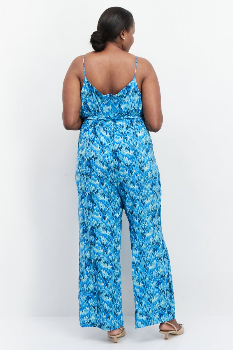 Women Plus Size Sleeveless Abstract Print Jumpsuits, Blue Combo