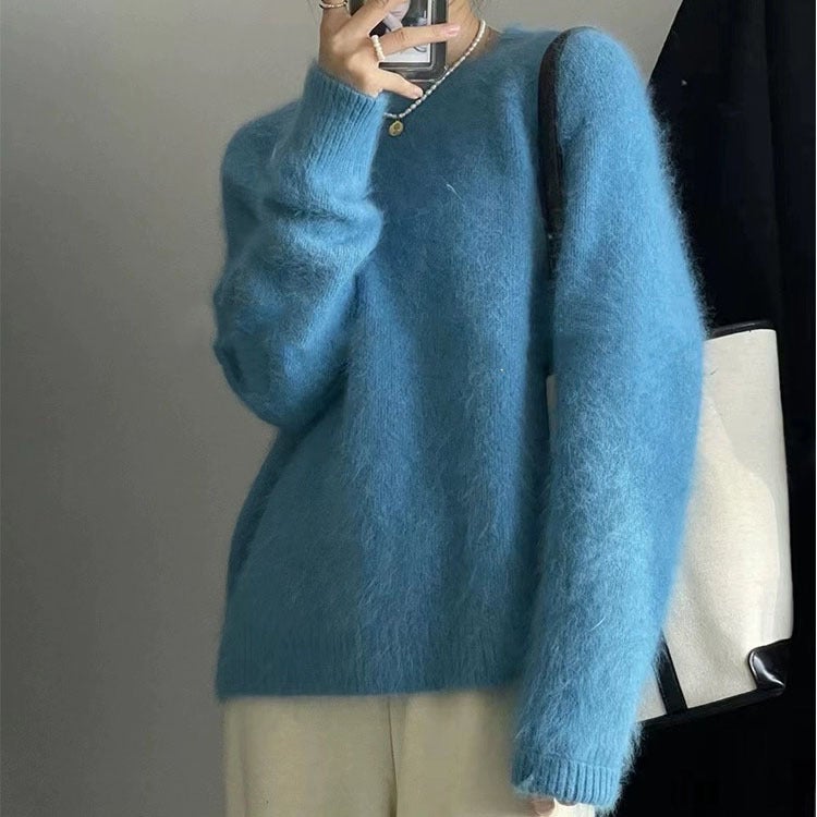 Mint Green Crew Neck Faux Mink Sweater Womens Loose Korean Knit peacock blue