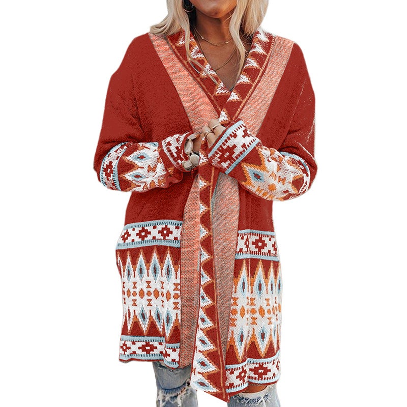 Shiying Autumn and Winter New Ethnic Style Printed Cardigan Knitted Coat Womens European and American Cross-border Autumn and Winter New Cardigan Top LC271373-P503