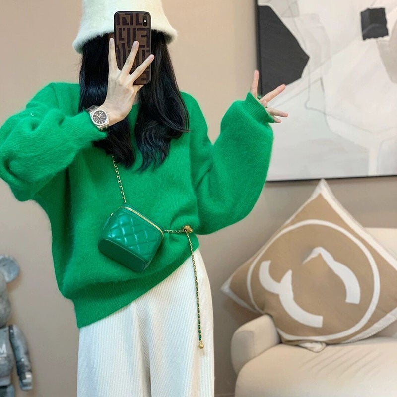 Mint Green Crew Neck Faux Mink Sweater Womens Loose Korean Knit Green