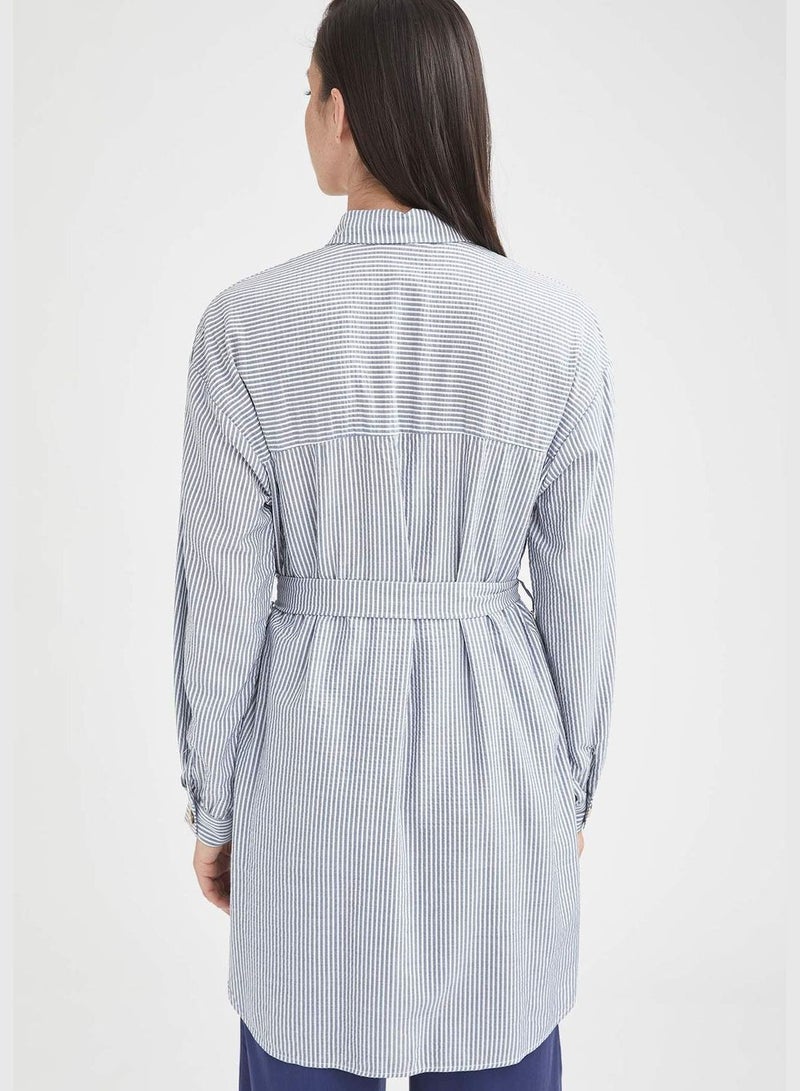 Modest- Belted Long Sleeve Tunic Shirt With Buttons