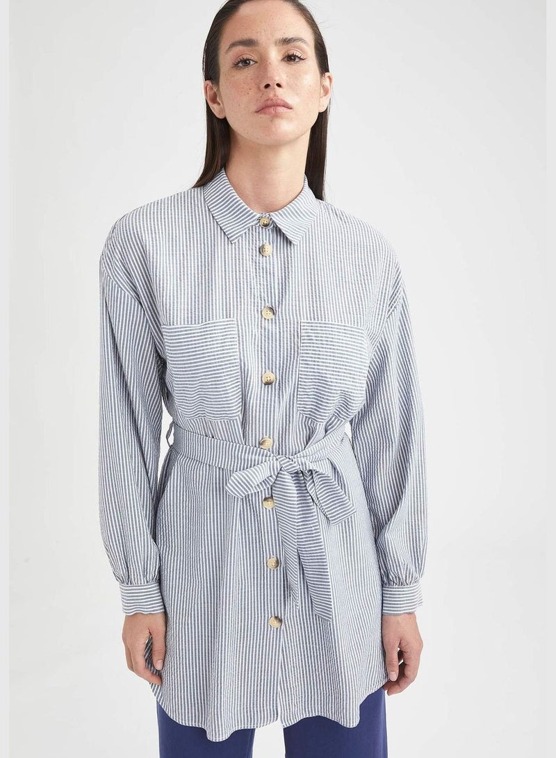 Modest- Belted Long Sleeve Tunic Shirt With Buttons