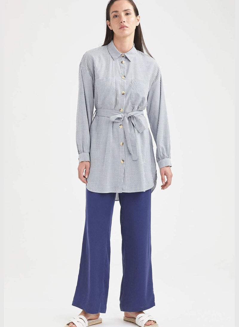 Modest- Belted Long Sleeve Tunic Shirt With Buttons