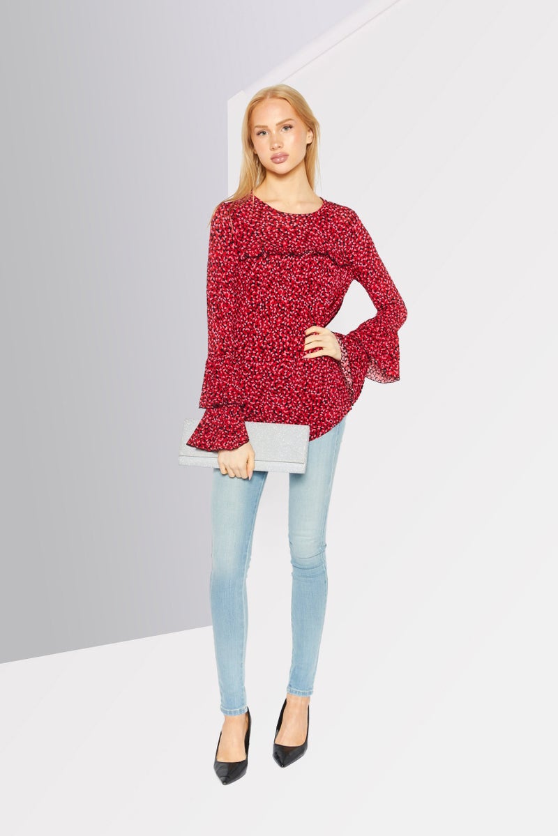 Women Crew Neck Long Sleeves Allover Print Blouse, Red