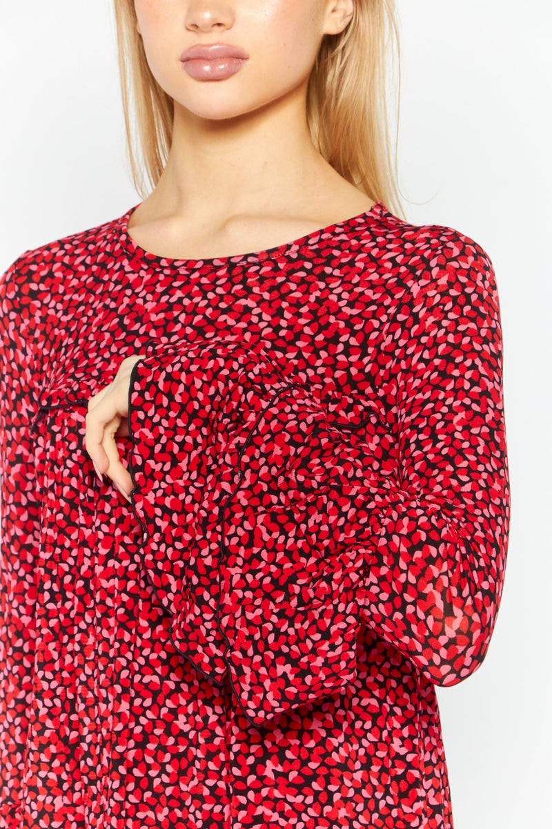 Women Crew Neck Long Sleeves Allover Print Blouse, Red