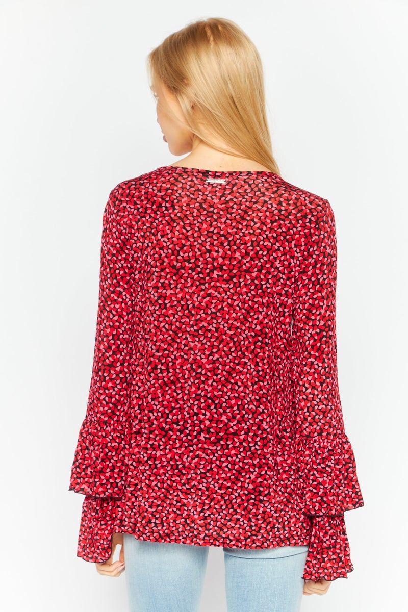 Women Crew Neck Long Sleeves Allover Print Blouse, Red