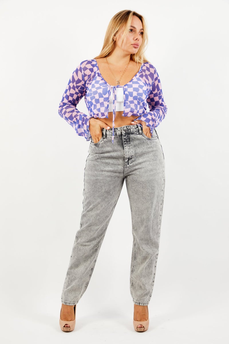 Women Tie Neck Long Sleeves Diamond Print Top, Purple Combo