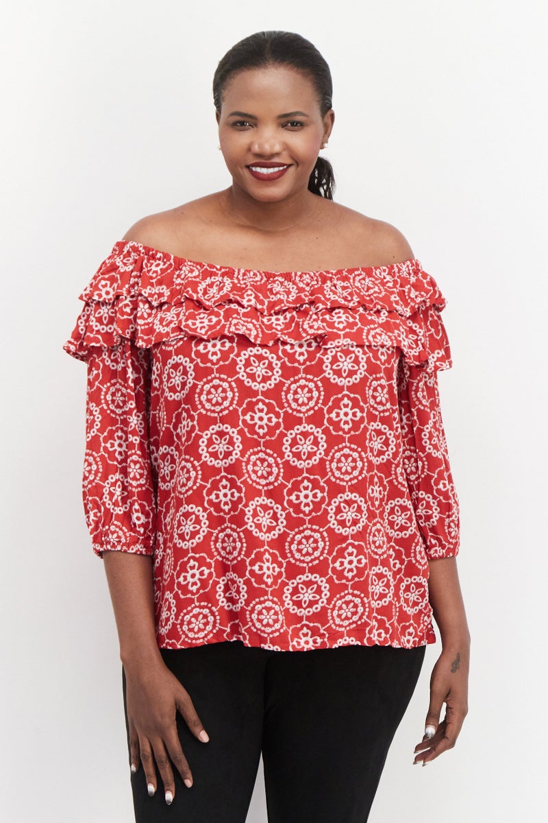 Women Plus Size Off Shoulder Long Sleeve All Over Printed Top, Red Combo