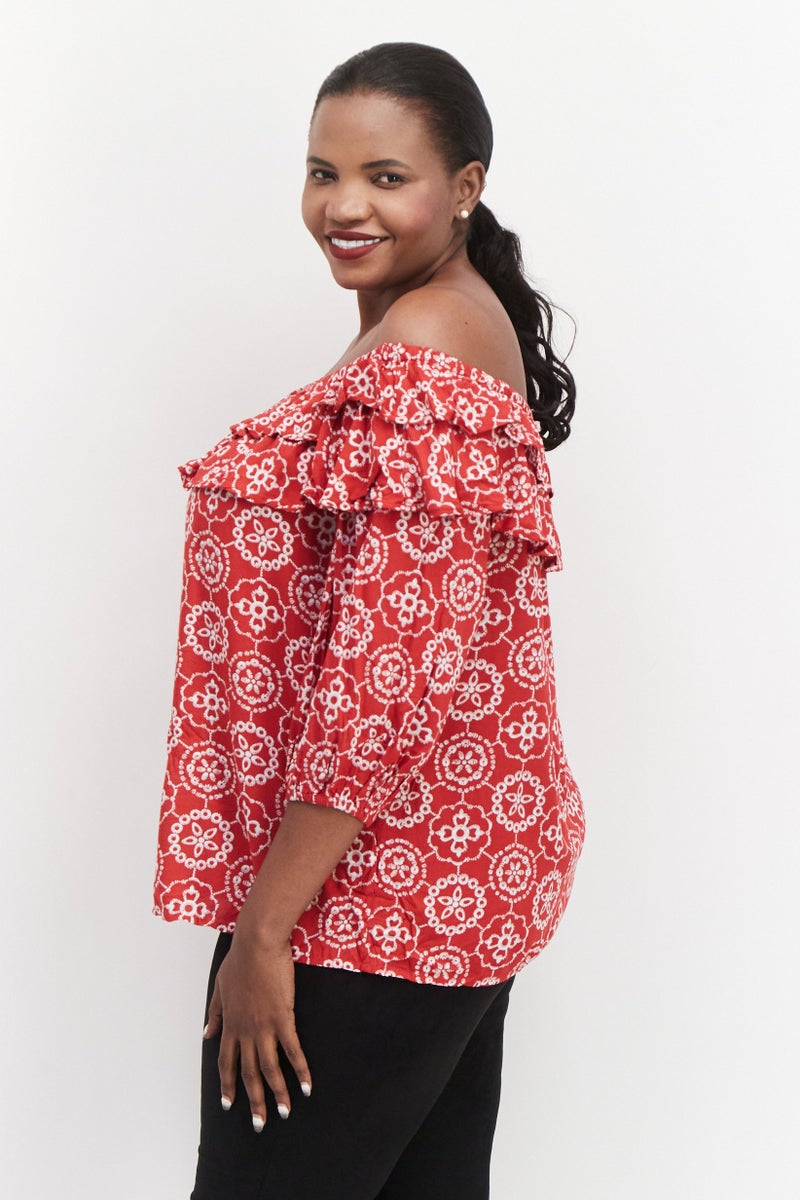 Women Plus Size Off Shoulder Long Sleeve All Over Printed Top, Red Combo