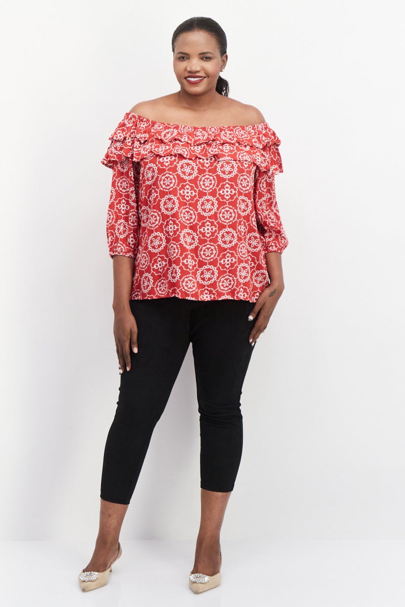 Women Plus Size Off Shoulder Long Sleeve All Over Printed Top, Red Combo