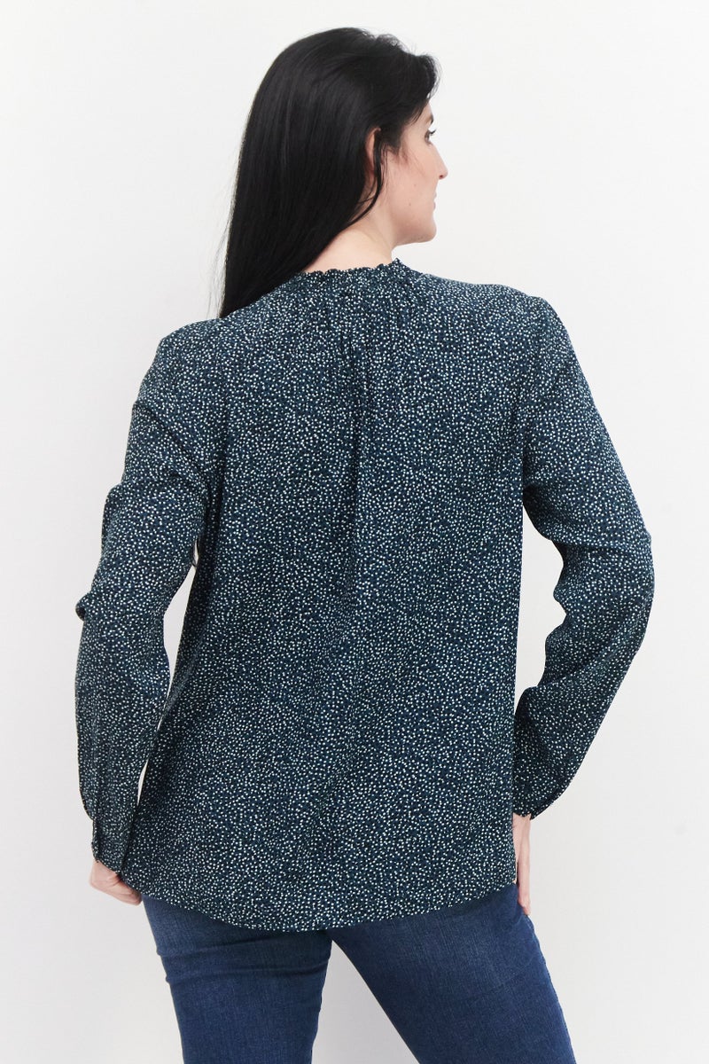 Women Crew Neck Long Sleeve Polka Dot Top, Dark Green