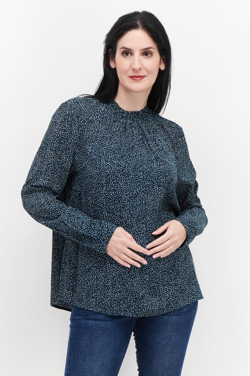 Women Crew Neck Long Sleeve Polka Dot Top, Dark Green