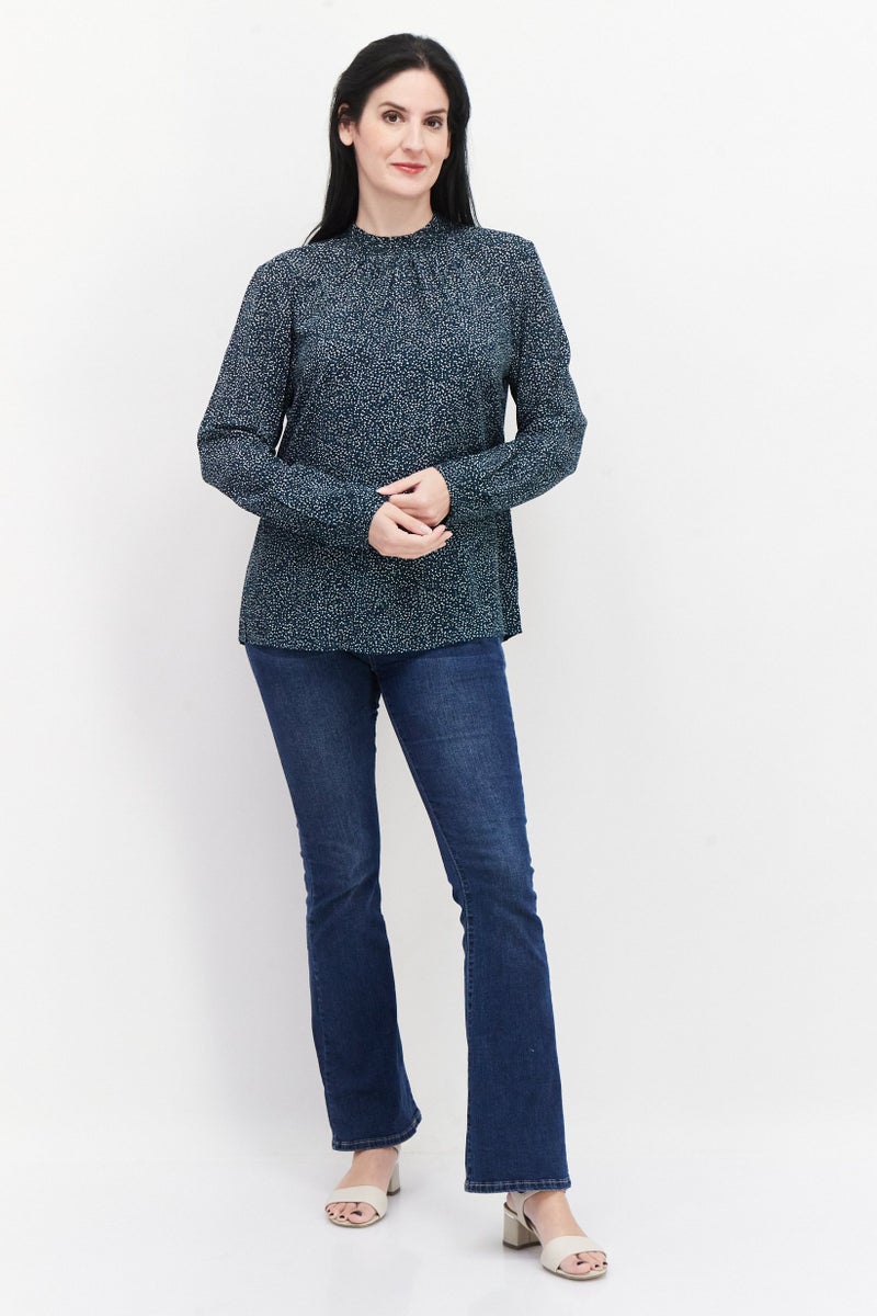 Women Crew Neck Long Sleeve Polka Dot Top, Dark Green