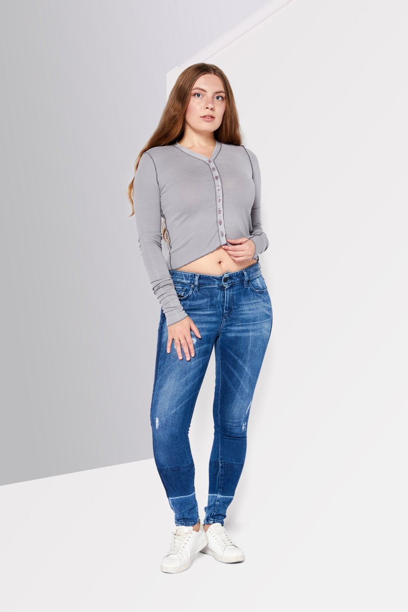 Women V-Neck Long Sleeves Ribbed Top, Grey